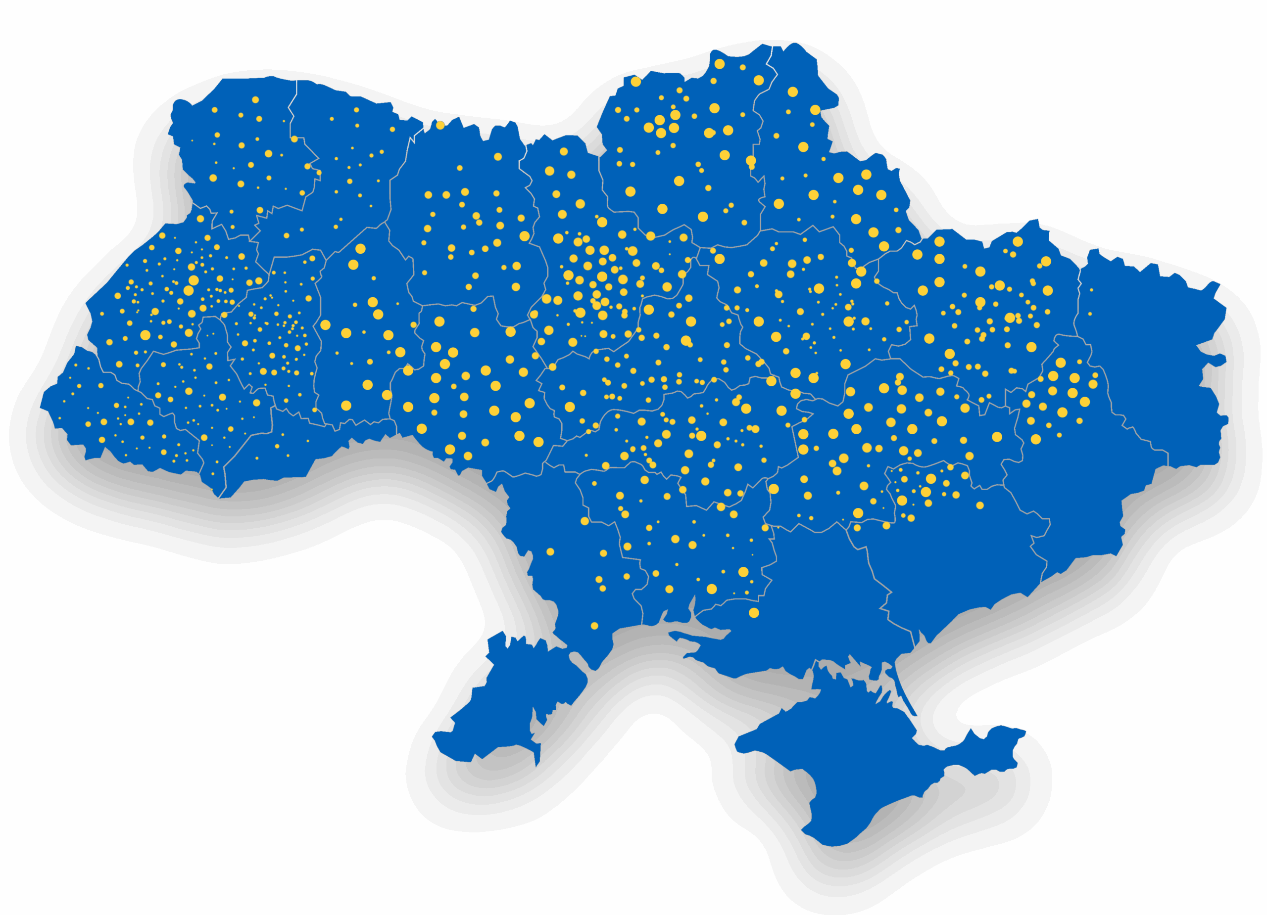 Karte der Ukraine, auf der die Orte markiert sind, die Hilfslieferungen vom UAAC erhalten haben
